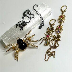 Vintage Halloween Jewelry Gold and Black Spiders Brooch, Earrings & Necklace